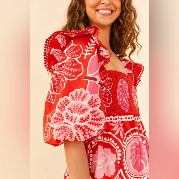 Farm Rio Summer Sunrise Puff Sleeve Tropical Mini Dress Size Medium NWT - Picture 2 of 4